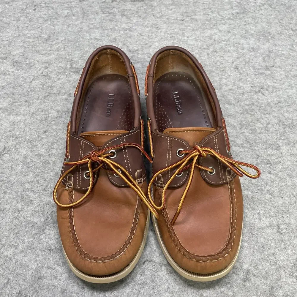 LL Bean Mens 8 D Brown Leather Boat Shoes Moc Toe Lace Up Casual